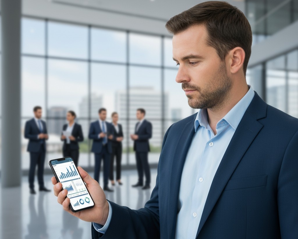 Businessman using Tally on mobile outside to manage accounts on the go