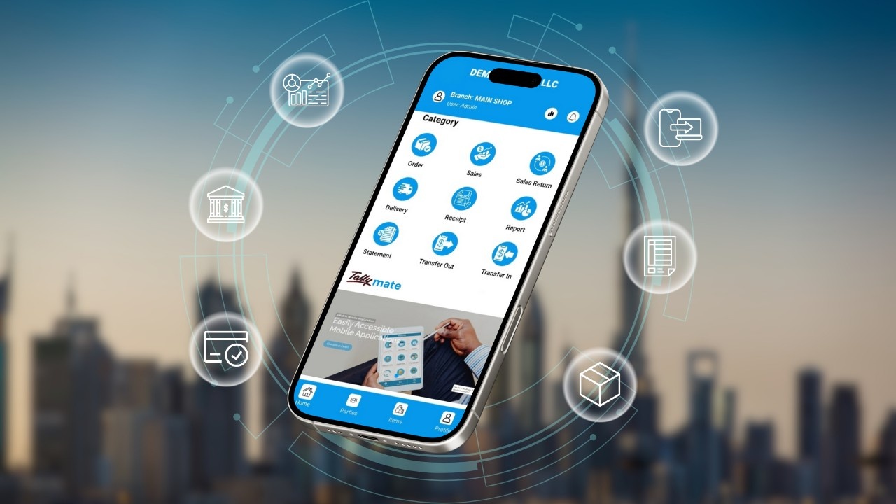 Tally on mobile interface showing sales, order, receipt, and report options on smartphone – enabling Tally ERP access for van sales, invoicing, and business management on the go.
