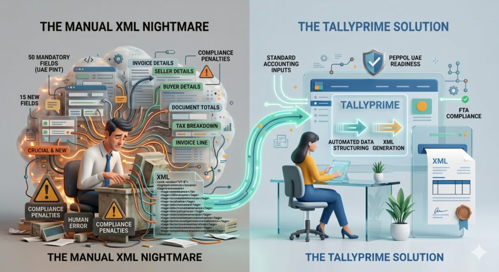Infographic showing how UAE E-Invoicing in Tally automates the 50 mandatory XML fields compared to manual entry