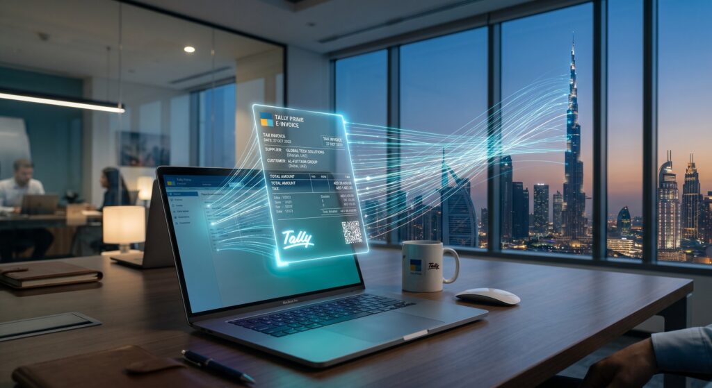 TallyPrime software generating a compliant UAE e-invoice on a laptop with the Dubai skyline in the background