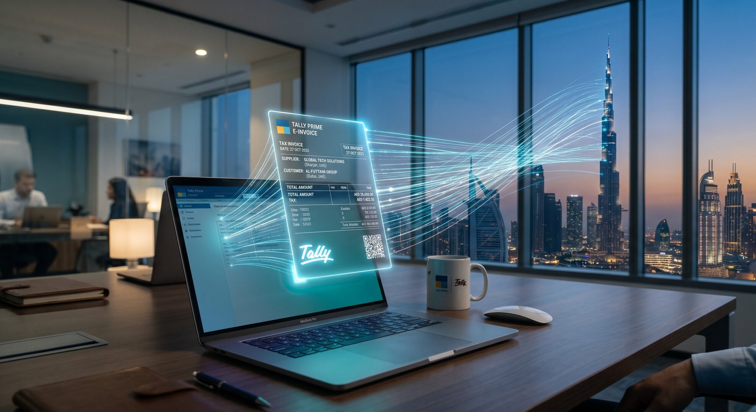 TallyPrime software generating a compliant UAE e-invoice on a laptop with the Dubai skyline in the background