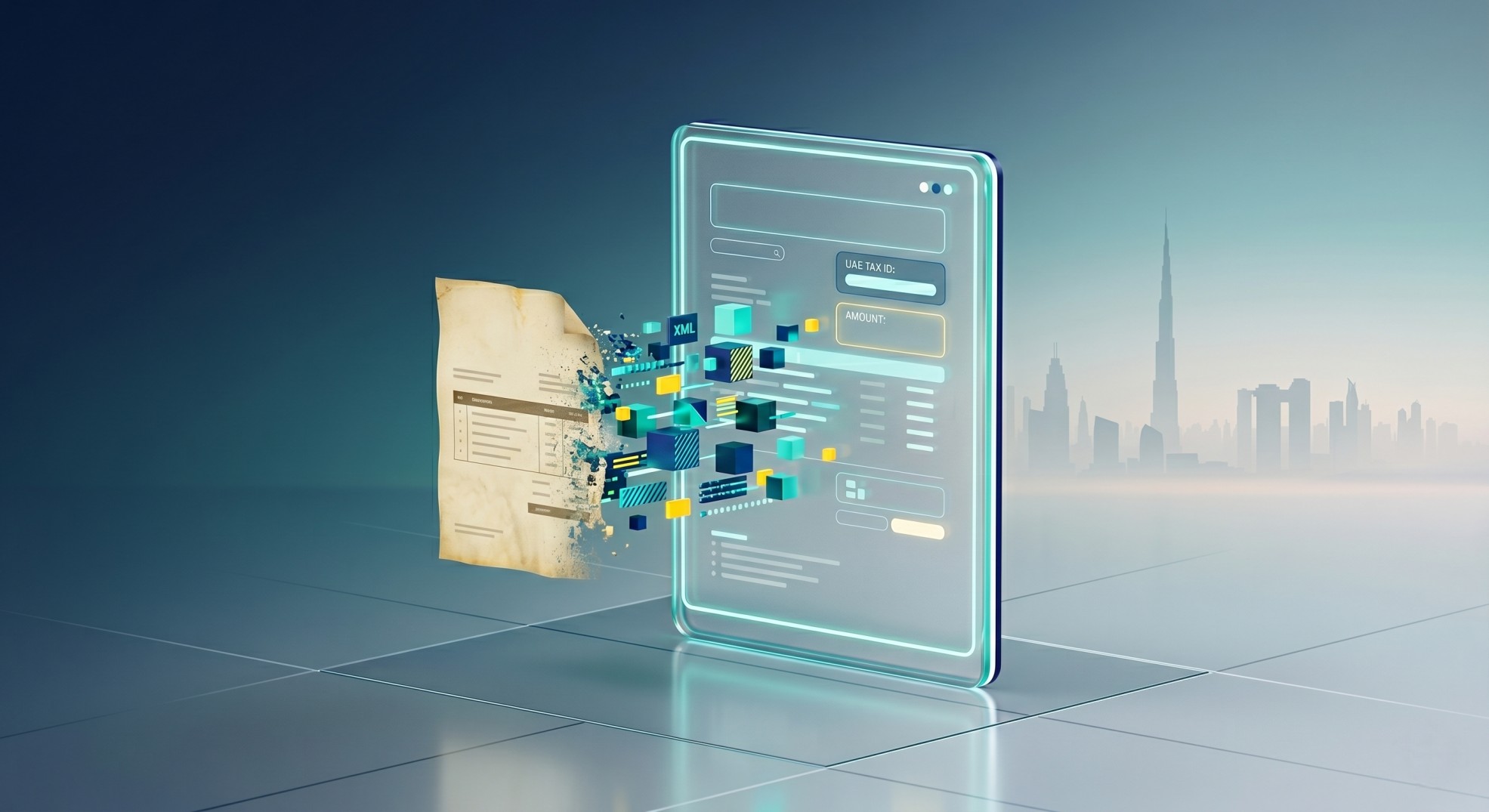 Illustration showing the transition from traditional PDF invoices to structured UAE e-invoicing using TallyPrime software.