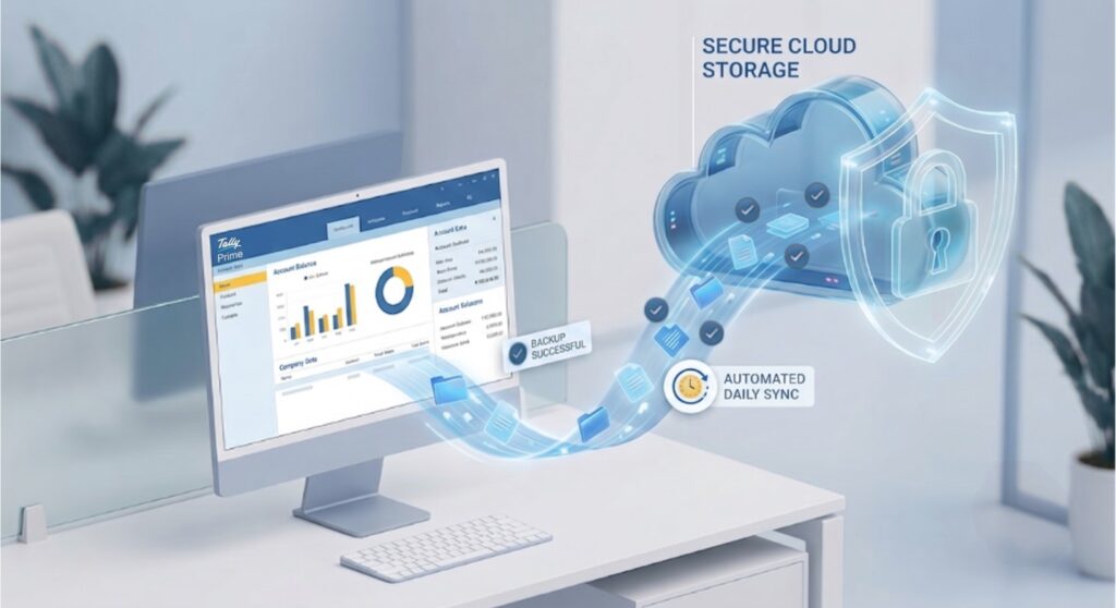 TallyDrive Auto Backup and Secure Cloud Storage A desktop computer utilizing TallyDrive for automated daily sync and secure cloud storage in TallyPrime 7.0.