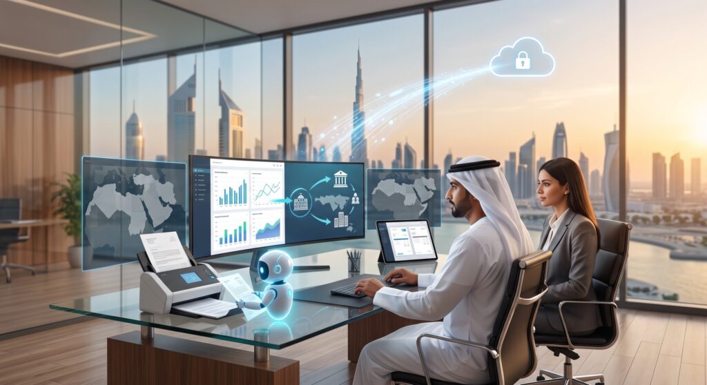 A modern corporate office in Dubai overlooking the skyline, where an Emirati businessman and a businesswoman analyze financial charts on a desktop monitor alongside an AI robot assistant syncing data to a secure cloud network.