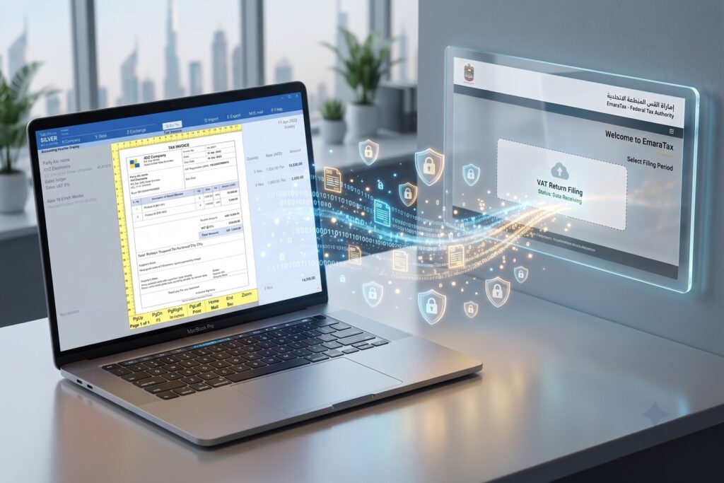 A laptop displaying a TallyPrime tax invoice securely transmitting encrypted data to the official FTA EmaraTax portal for VAT return filing.