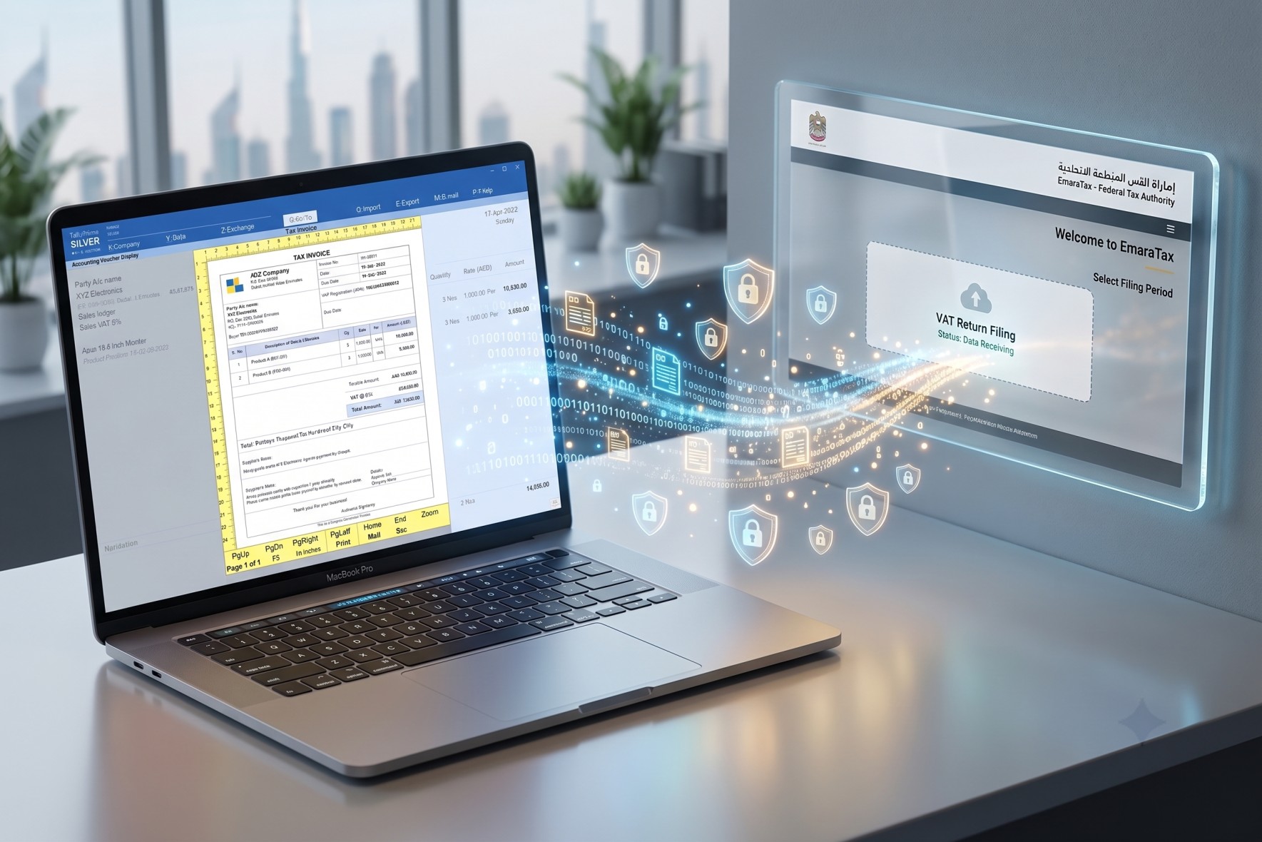 A laptop displaying a TallyPrime tax invoice securely transmitting encrypted data to the official FTA EmaraTax portal for VAT return filing.