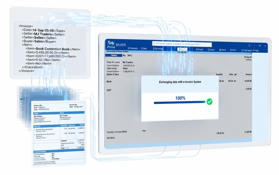 TallyPrime interface showing 100% successful data exchange with the UAE e-invoice system, generating a compliant UBL XML invoice.