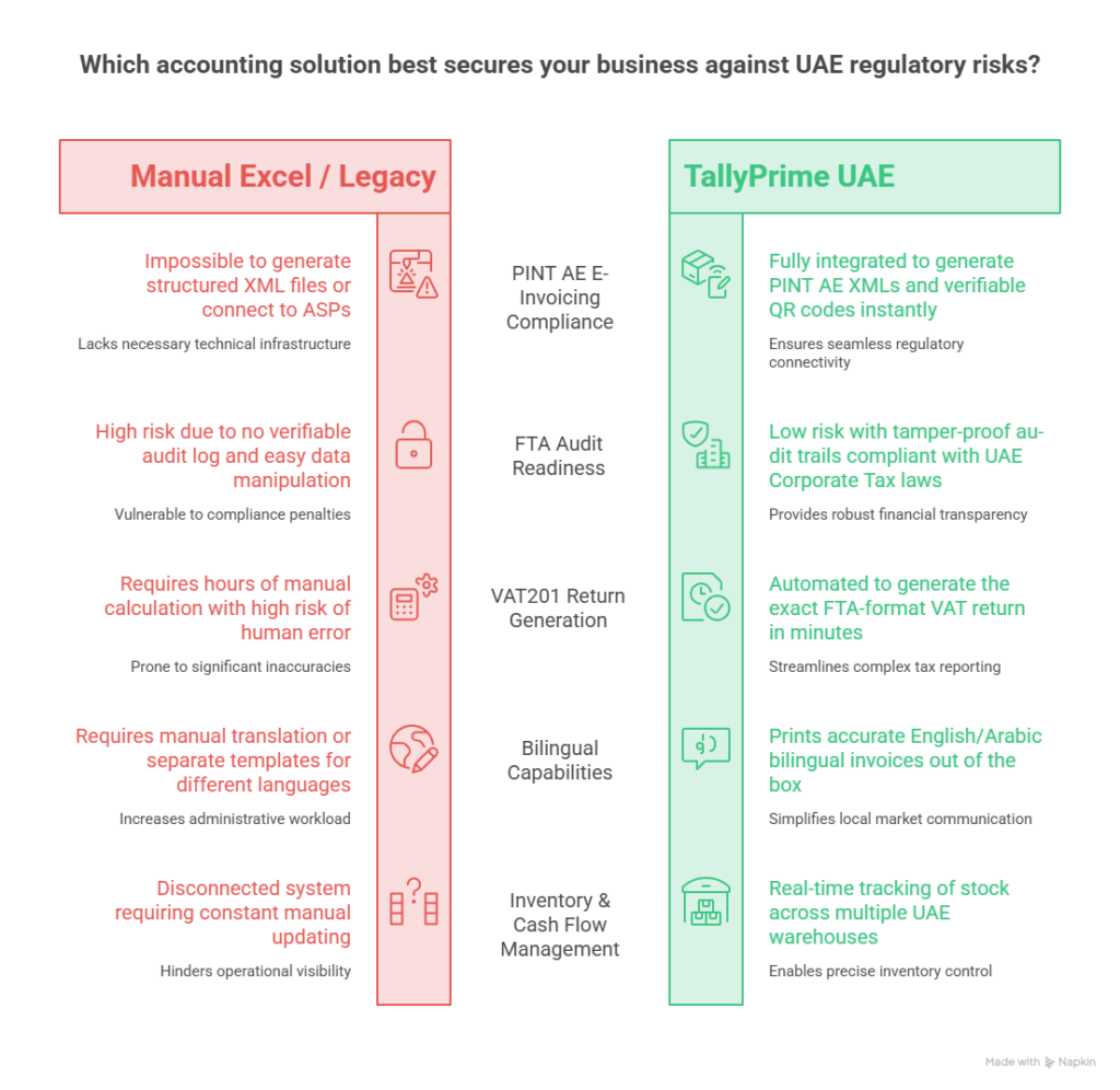Detailed comparison chart analyzing TallyPrime UAE against Manual Excel and Legacy Software, highlighting key advantages like PINT AE XML generation, tamper-proof audit trails for corporate tax, and automated VAT return preparation.