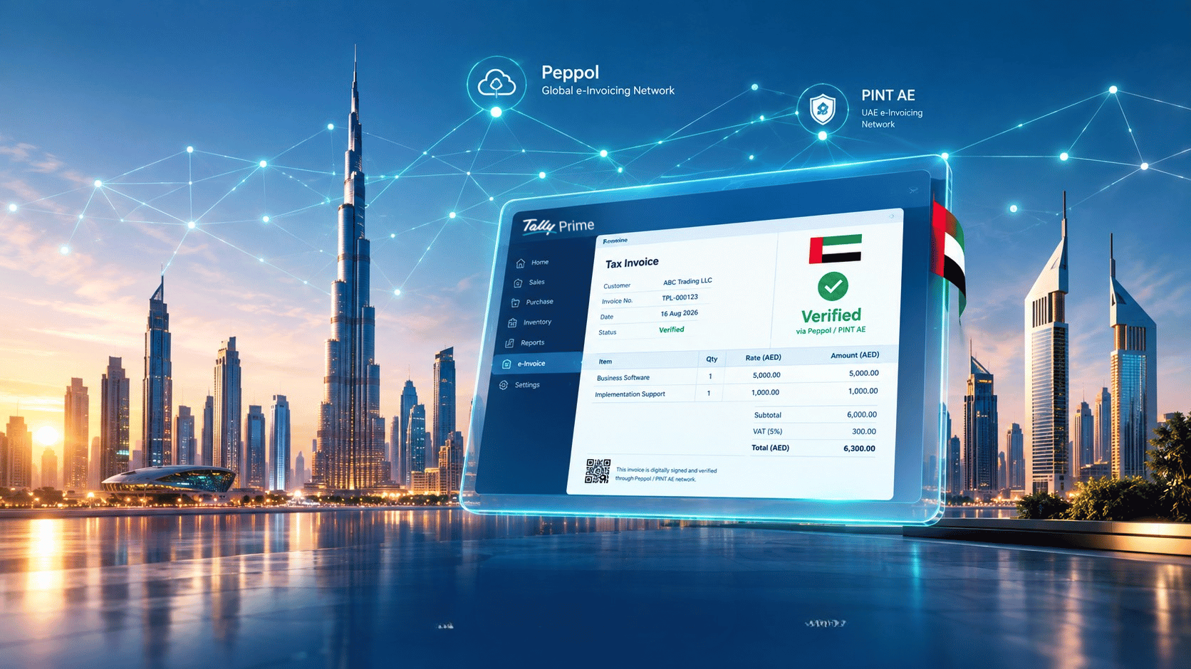 Futuristic image showing the Dubai skyline and a transparent digital invoice interface. The invoice displays ABC Trading LLC with a Verified status, connected to the Peppol and PINT AE networks, illustrating TallyPrime's ASP approved e-invoicing capabilities.